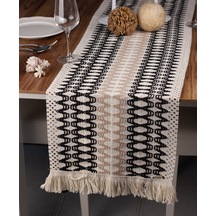 Pamuk Örme Püsküllü Siyah-kahve Dantel Runner 35x145 Cm
