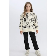 DeFacto Kız Çocuk 2'li Takım Desenli Kalın Bisiklet Yaka Sweatshirt Beli Lastikli Eşofman Altı D4871A824WNER103 Ekru