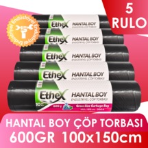 Endüstriyel Hantal Boy Çöp Torbası/poşeti - 10 Adet, 600gr, 100 X 150 Cm, 200lt, Siyah, 5 Rulo