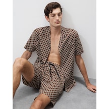 Marks & Spencer Pamuk Karışımlı Geometrik Desenli Pijama Şortu T07001318A Kahverengi