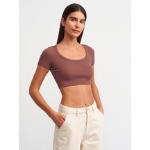 Dilvin Kısa Kollu Crop Top Kahve