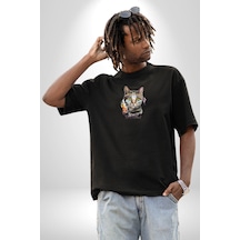 Red Cloud Kedi Hintli Siyah Oversize Unisex Ön Orta Minimal Baskılı Tişört Siyah