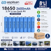 Aspilsan 18650 2600mah 3.7v Li-ion Şarjlı Pil 8'li Paket Inr18650a28  Lityum İyon Batarya Yerli Üretim