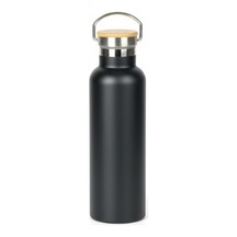 Bambu Kapaklı Siyah Çelik Termos Matara - 750 Ml Sızdırmaz Kilitli Mug - Doğal Ahşap Detaylı Sıcak Ve Soğuk Tutan Ofis Termosu Açık Beyaz