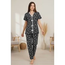 Angbutik Kadın Siyah Desenli Fiyonklu Kısa Kollu Uzun Pijama Takımı