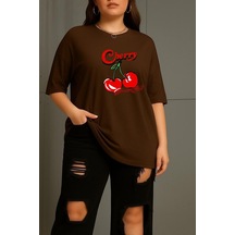 Büyük Beden Cherry Kiraz Baskılı Unisex Tişört Kahverengi