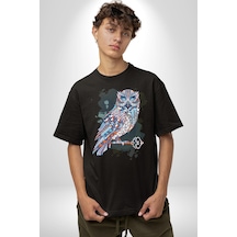 Anahtar Baykuş Tuval Pamuklu Bisiklet Yaka Unisex Oversize Boyfriend Dijital Baskılı Siyah T-shirt Siyah