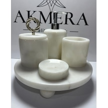 Mermer Top Ayaklı Standlı 5 Parça Lüks Banyo Seti Beyaz - Gümüş