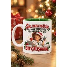 Mesela Yılbaşı Kupası Noel Baba Değilim Desenli Yeşil İçli Hediyelik Kahve Kupa Bardak Beyaz