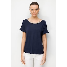 Desen Triko Kadın Sıfır Yaka Yakası Hasır Aksesuarlı Penye T-shirt 26819 Lacivert Lacivert