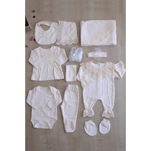 Sitilin Kız Bebek Bej Natıral Pamuk Kumaş Dantelli Lüks 10 Lu Hastane Çıkışı Defne Sabunlu Set Stl6407 Bej