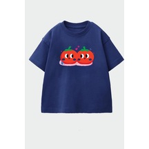 Monila Kız Çocuk Baskılı Pamuklu Bisiklet Yaka T-shirt Lacivert