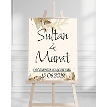 Söz Nişan Düğün İçin 50x70 Karşılama Panosu - Sarı Yaprak Tasarımlı Beyaz