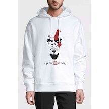 God Of War 2 Face Baskılı Beyaz Erkek Örme Kapşonlu Sweatshirt