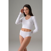 Doreanse Kadın Basic V Yaka Uzun Kol Crop T Shirt 8503-Beyaz
