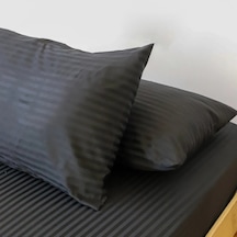 Çizgili Saten Yatak Çarşafı Lastikli 100x200 Yastık Kılıfı 50x70 Siyah