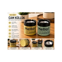 2 Li Renkli Cam Küllük Seti Hello Desenli Sarı Ve Açık Yeşil Dekoratif Küllük