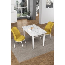 Canisa Concept Nil Serisi 70x110 Sabit Mutfak Masası Takımı Beyaz Mermer Desen Masa 2 Hardal Sandalye Masa Beyaz/sandalyeler Hardal