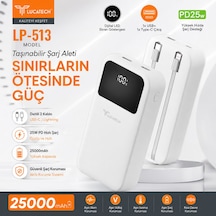 Lucatech Lp-513 25000 Mah Powerbank Pd 25w Hızlı Şarj Dahili Type-c & Lightning Kablolu Dijital Led Göstergeli Taşınabilir Şarj Cihazı BEYAZ