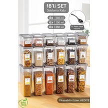 18'li Sızdırmaz Kapak Kaşıklı Saklama Kabı Seti - Etiketli Baharatlık - 6x 580 Ml, 1100 Ml, 1580 Ml