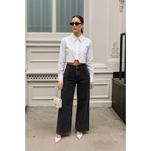 Kadın Siyah Yüksek Bel Wide Leg Jean Pantolon Siyah