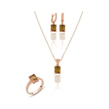 Sultanit Taşlı Rose Gümüş Üçlü Set Yüzük Küpe Ve Kolye Ucu Set-40