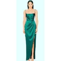 Hanife Glam Couture Hanife Glam Askılı Straplez Asetat Saten Abiye Elbise Zümrüt