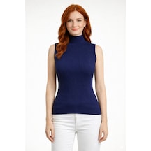 Neden Tekstil Balıkçı Yaka Fitilli Kolsuz Triko Bluz - Lacivert