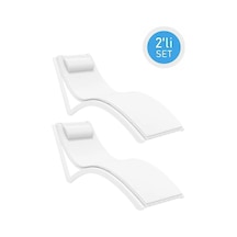 Omnipazar Trk-087 Siesta Minderli Yastıklı Lüks Ergonomik Slim Şezlong Beyaz 2'li Set Beyaz