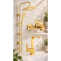 Viosa Gold Yağmurlama Robot Tepe Duş Seti Banyo Lavabo Bataryası 3'lü 5 Yıl Garantili Set Krom