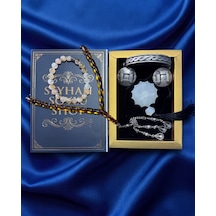 Luxury Seri Özel Tasarım Kitap Kutulu Kadın Takı Seti Ve Tesbih Kombin - Kolye Küpe Yüzük Bileklik Ekstra Boncuk Bileklik 6 Parça Hediyelik - Doğum Günü Yıl Dönümü Sevgililer Günü Gösterişli Hediye - L-00116 Bakır