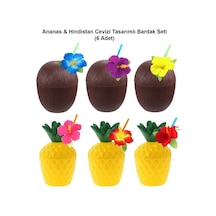 Ananas Hindistan Cevizi Tasarımlı Pipetli Bardak Seti 6 Adet .