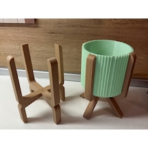 3d Baskı Ayaklı Çizgili Saksı - Bej Standlı Dekoratif Saksı - Mint