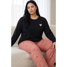 Siyah İnci Nakışlı Pamuklu Likralı Büyük Beden Battal Boy Örme Pijama Takım 26240951 Siyah