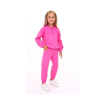 Toontoy Kids Toontoy Kız Çocuk 2'li Takım Kapüşonlu Fermuarlı Sweatshirt & Beli Paçası Lastikli Cepli Jogger Eşofman Altı - 2 İplik Fuşya