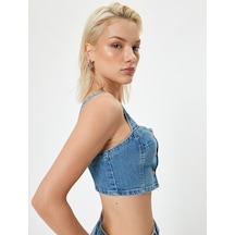 Koton Koton X Melis Ağazat - Kot Crop Büstiyer Düğmeli Askılı Orta İndigo 4sal30045md