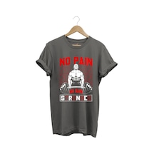 Gym Sporcu Fitness No Pain No Gain Dumbell Tasarım Baskılı %100 Pamuk Regular Fit Gri T-shirt Gri