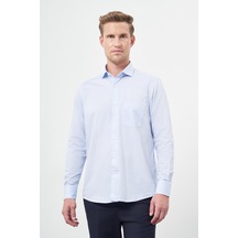 İmza Koyu Mavi Uzun Kol Çizgili Desen Bez Ayağı Yarım İtalyan Yaka Cepli Pamuklu Classic Comfort Fit Gömlek 1004245182 Koyu Mavi