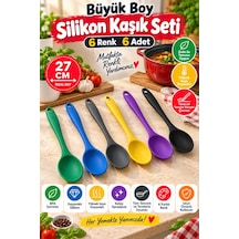 6'lı Set Yeşil Mavi Antrasit Sarı Mor Siyah, Büyük Boy Silikon Kaşık Seti 27 Cm Mutfak Servis Kaşığı