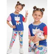 Denokids Unicorn Kedi Kız Çocuk İkili Takım Tayt T-shirt İlkbahar Yaz 2-7 Yaş Çok Renkli