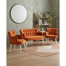 Roma 2+1+1 Babyface Kumaş Çay Seti Ev & Ofis Koltuk Takımı - Ahşap Beyaz Ayak - Bakır