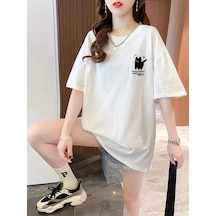 Kadın Tişört Penye Compack Tatlı Kedi Baskılı Bisiklet Yaka T-shirt - Beyaz