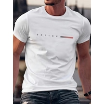 Unisex Boston Tasarım Basklı Tshirt Beyaz