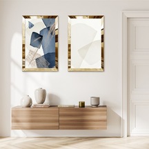Gold Aynalı Pleksi Çerçeveli Beyaz Arka Planlı Modern Mavi Çiçek Dekoratif İkili Mdf Tablo Seti