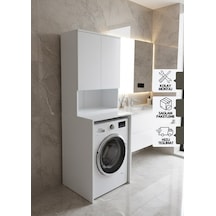 Tuna Çamaşır Makinesi Dolabı, Alt Üst Set, Kapaklı, Banyo Dolabı Beyaz Beyaz