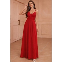 Butik İstanbul Kadın Ip Askılı Kruvaze Yakalı Yırtmaçlı Uzun Ithal Krep Elbise Kırmızı
