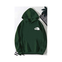 Herkesemoda Göğüs Baskı Yazı Detaylı İçi Polarlı Kapüşonlu Sweatshirt Yeşil