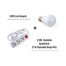 12w Led Ampul + 3 Metre Uzatmalı Anahtarlı 3lü Priz Set