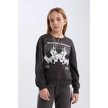 Defacto Oversize Geniş Kalıp Bisiklet Yaka Baskılı Sweatshirt Kız Çocuk D4386A824WN Antrasit