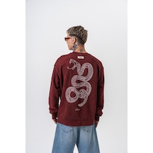 Respire Erkek Snake Nakışlı Yıkamalı Bisiklet Yaka Oversize Sweatshirt Bordo